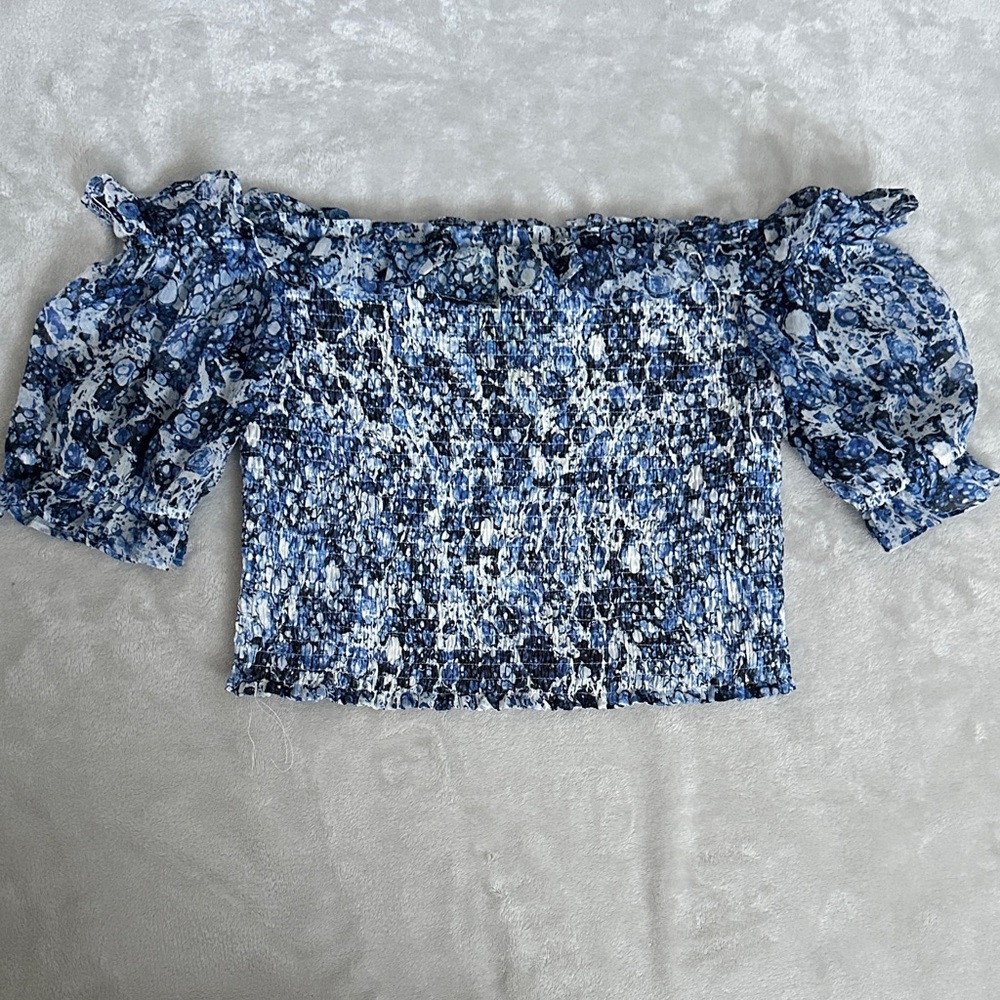 Express Strapless Off-Shoulder Blue Watercolor Pattern Smocked Ruffle Crop Top